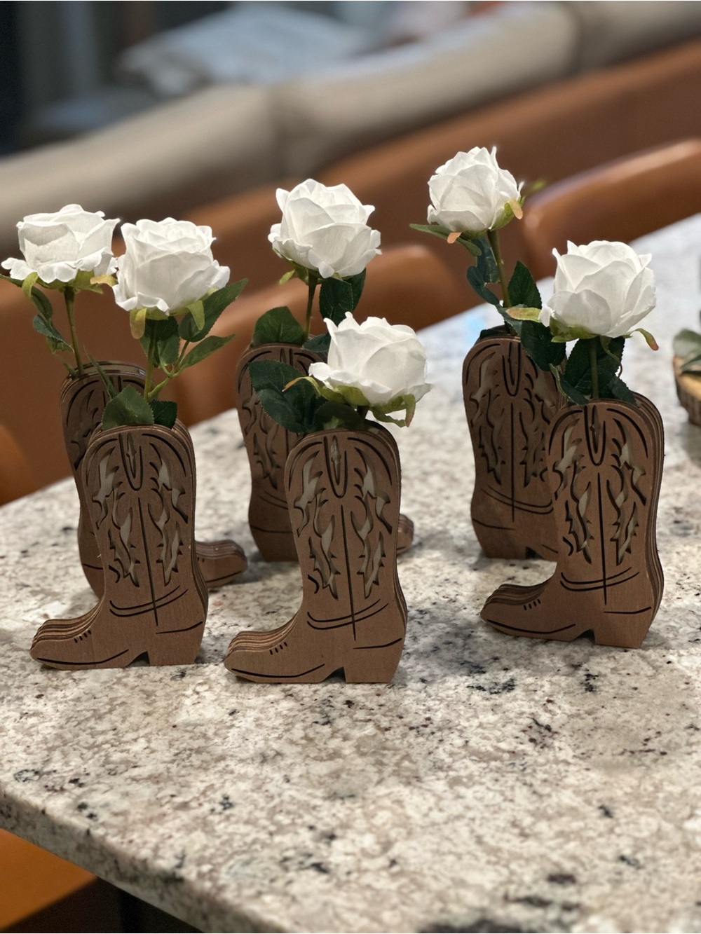 Wooden Cowboy Boot Vases with White Roses